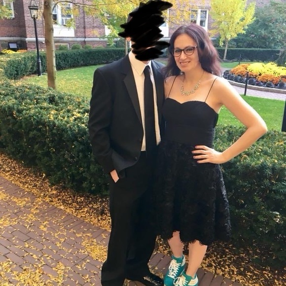 Classy Black Sweetheart Cocktail Dress With Appliqué Skirt - Picture 7 of 7